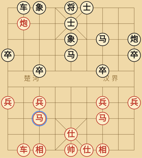 Position right before Red's 14th move, with the horse about to jump to the head position highlighted