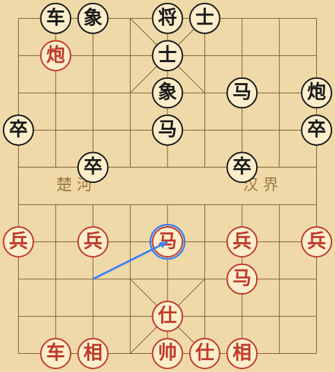 The 盘头马 formation complete: Red horse on the head position directly in front of the general, with the jump path shown